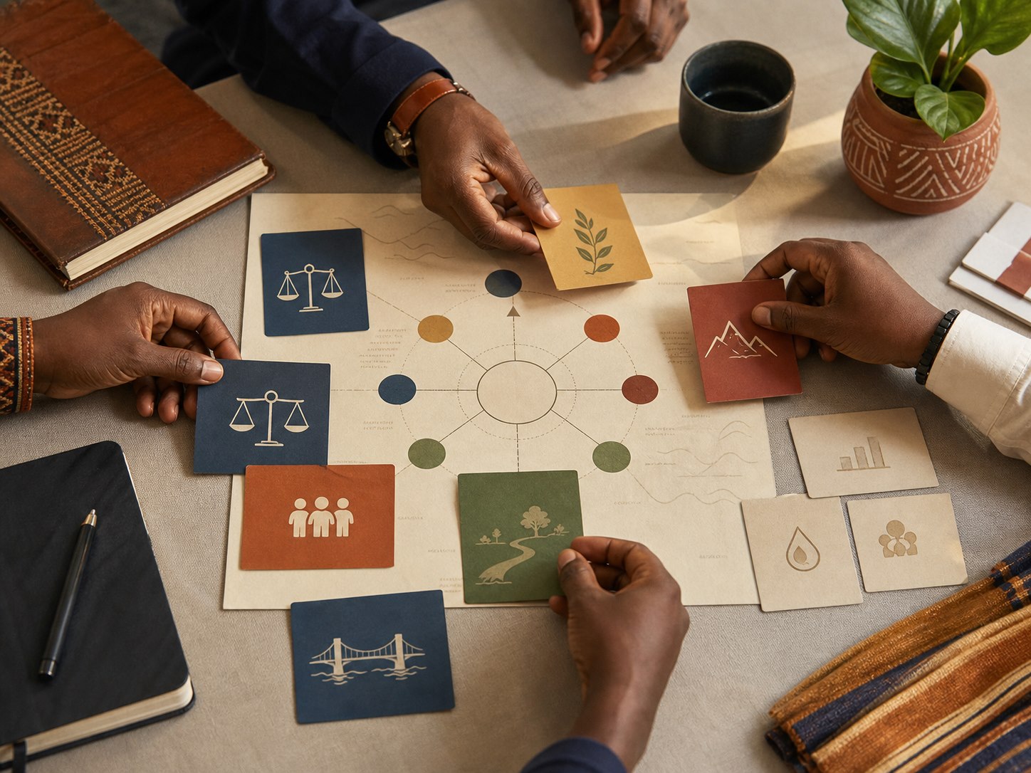 Hands arranging values, strengths and constraints around a decision map