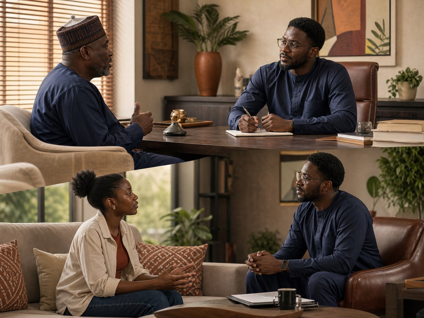 A Nigerian practitioner listening separately to an older adult and a young adult