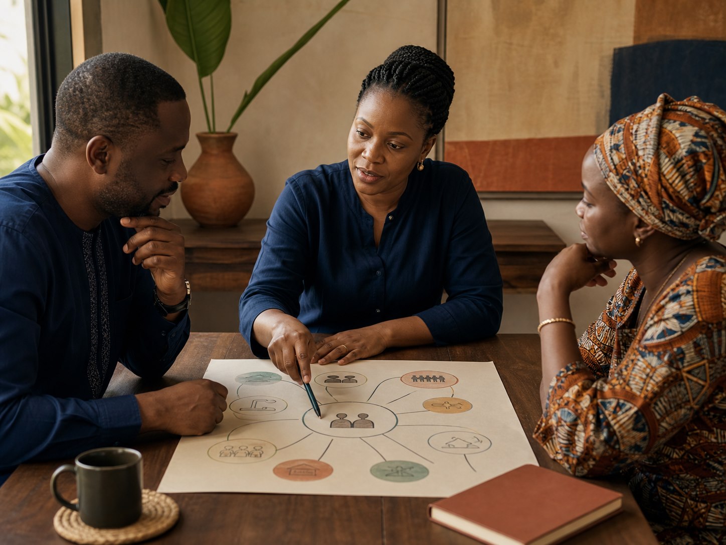 Nigerian adults and a facilitator mapping practical family communication steps