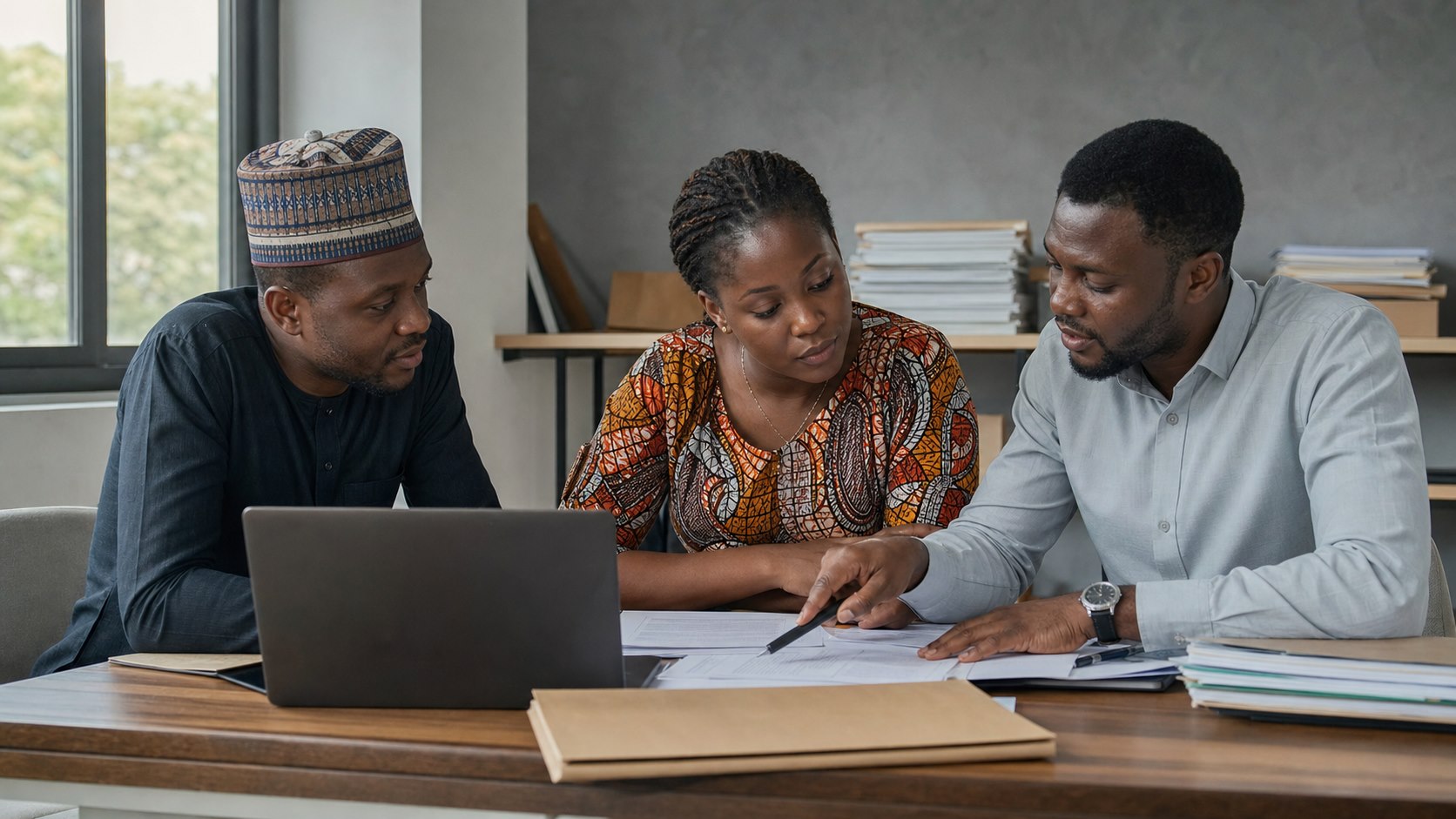 A Nigerian programme team reviewing engagement decisions and responsibilities