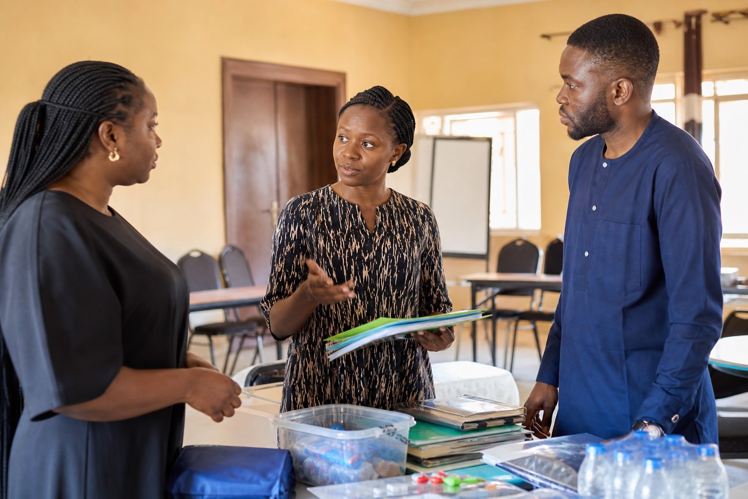 A Nigerian volunteer coordinator briefing contributors before a community activity