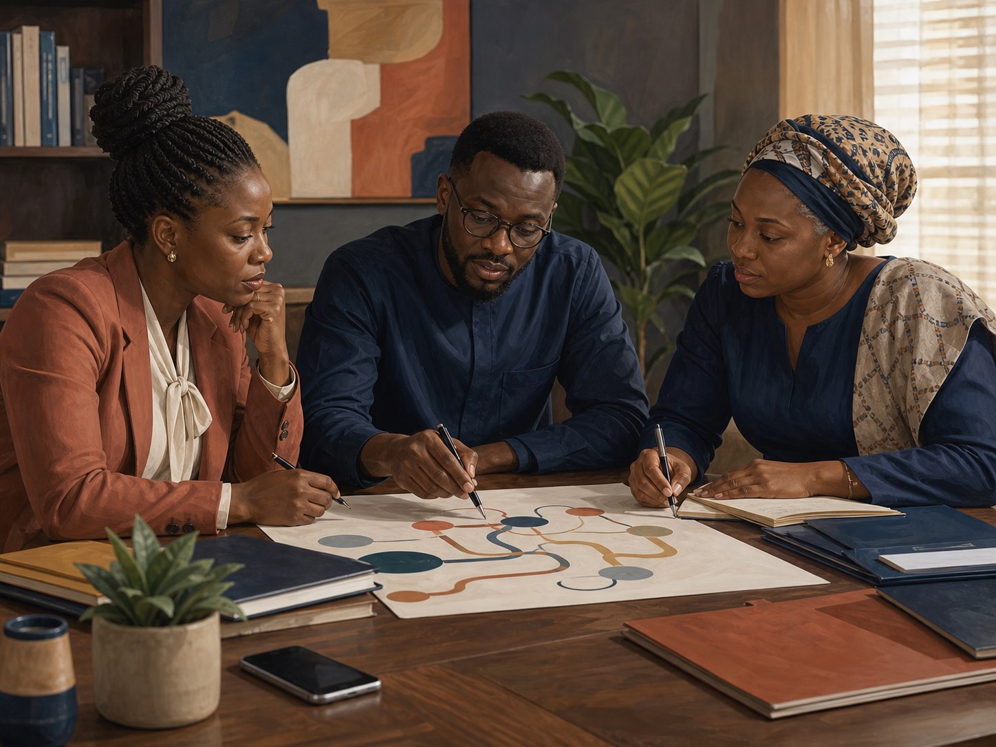 Three Nigerian professionals coordinating a safeguarding response pathway