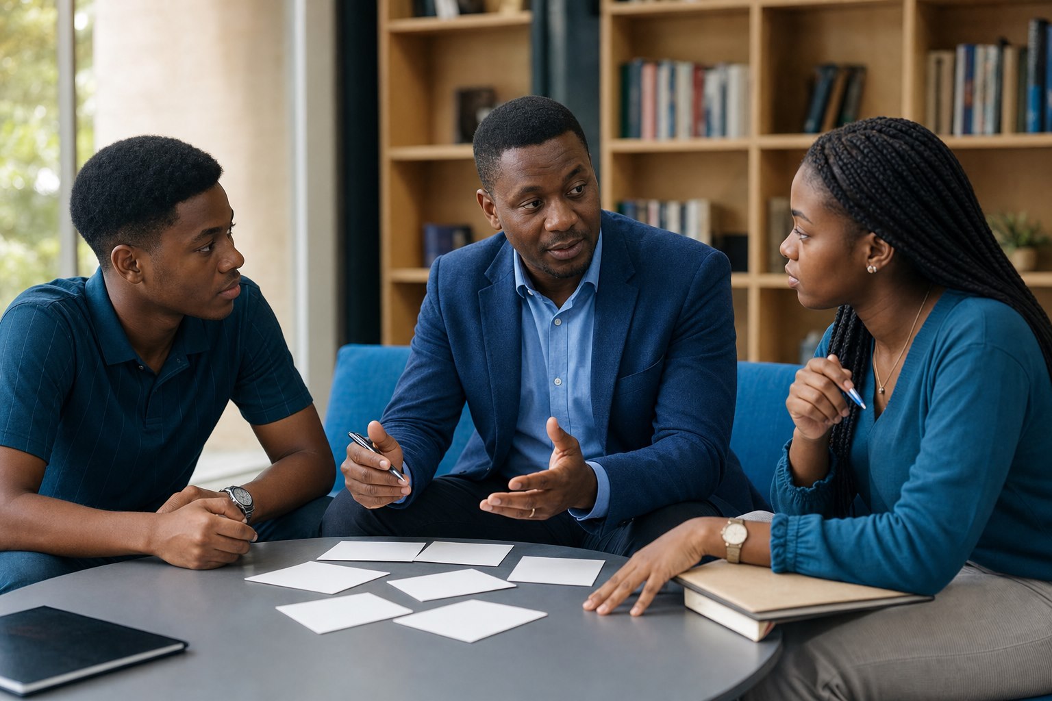 A student-support practitioner discussing learning and future choices with students