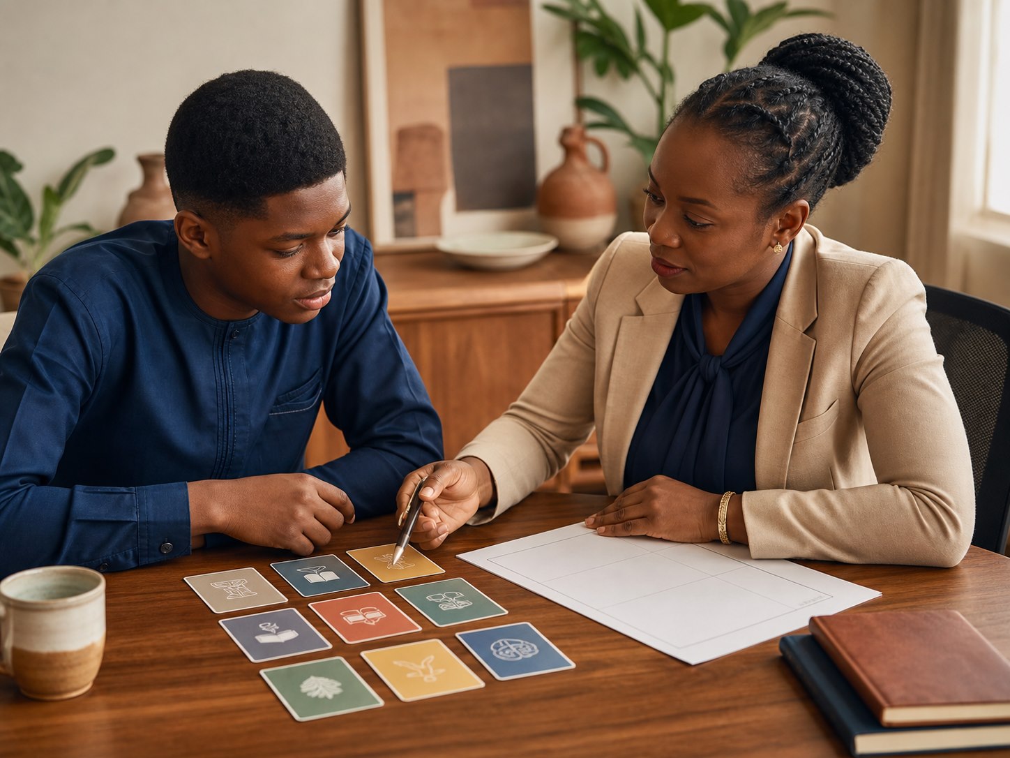 A Nigerian young person planning study and wellbeing priorities with a professional